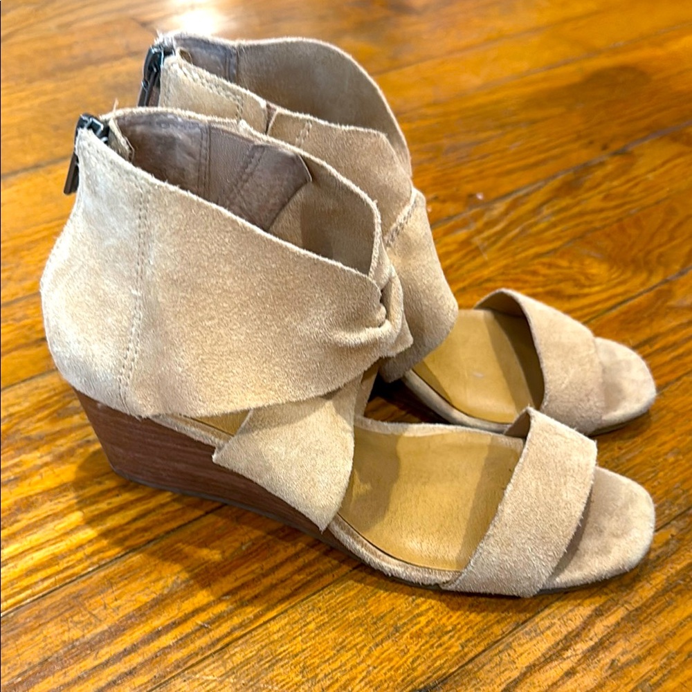 Lucky Brand Tan Wedge Suede Sandals with Ankle Wrap